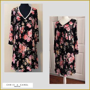 Chris & Carol Floral Boho Dress | Black Pink Print | Size M - NEW - NO Tags